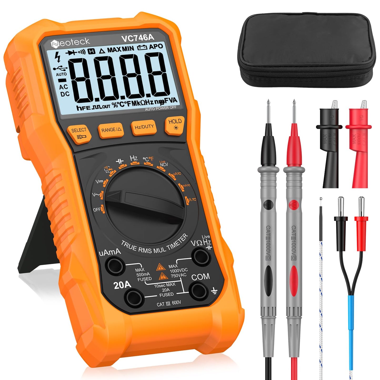 Neoteck Digital Multimeter 6000 Counts TRMS Auto Range NCV Live Detector, AC/DC Voltage Current Meter with Temperature, Capacitance, Resistance,