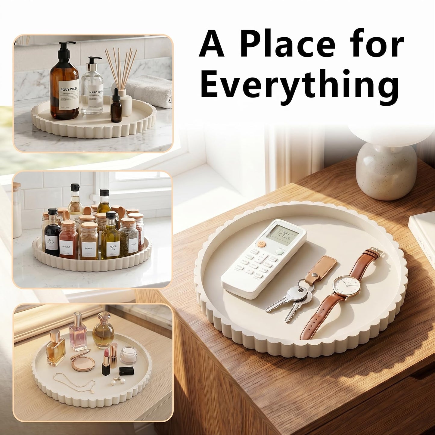 Silicone Bathroom Vanity Tray for Counter, 23×23 cm Decorative Tray Round with Scalloped Edge Vanity Storage Organizer