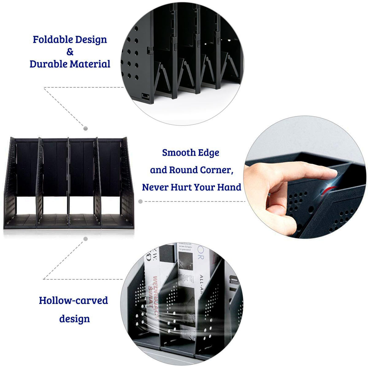 Marte Vanci Collapsible 4 Compartment Magazine Holder Desktop Adjustable Sturdy File Dividers Document Cabinet Rack Display (Black)