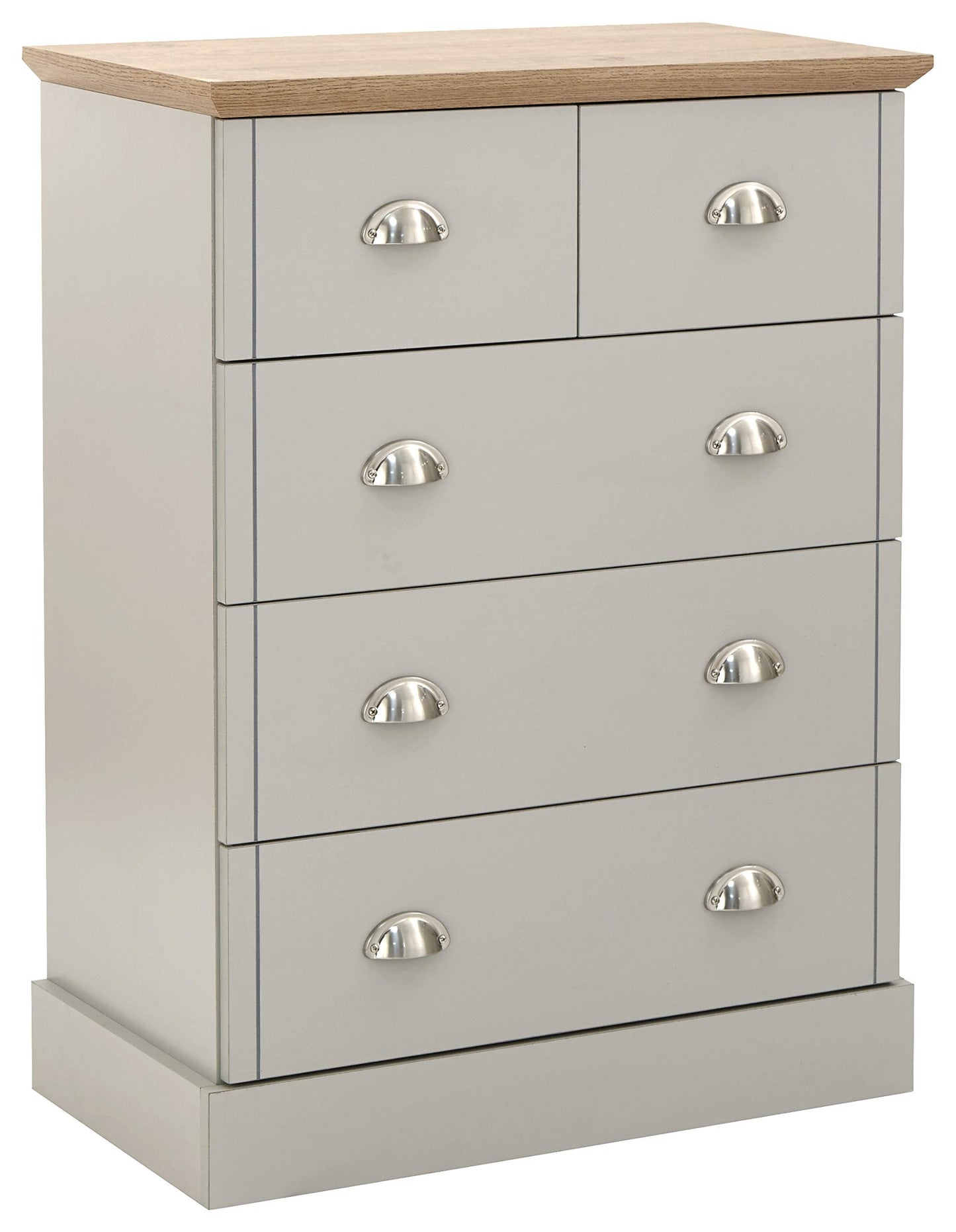 GFW Kendal 2+3 Drawer Chest of Drawers, Light Grey and Oak Effect Bedroom Storage Unit, Country Style Chest with 5 Drawers
