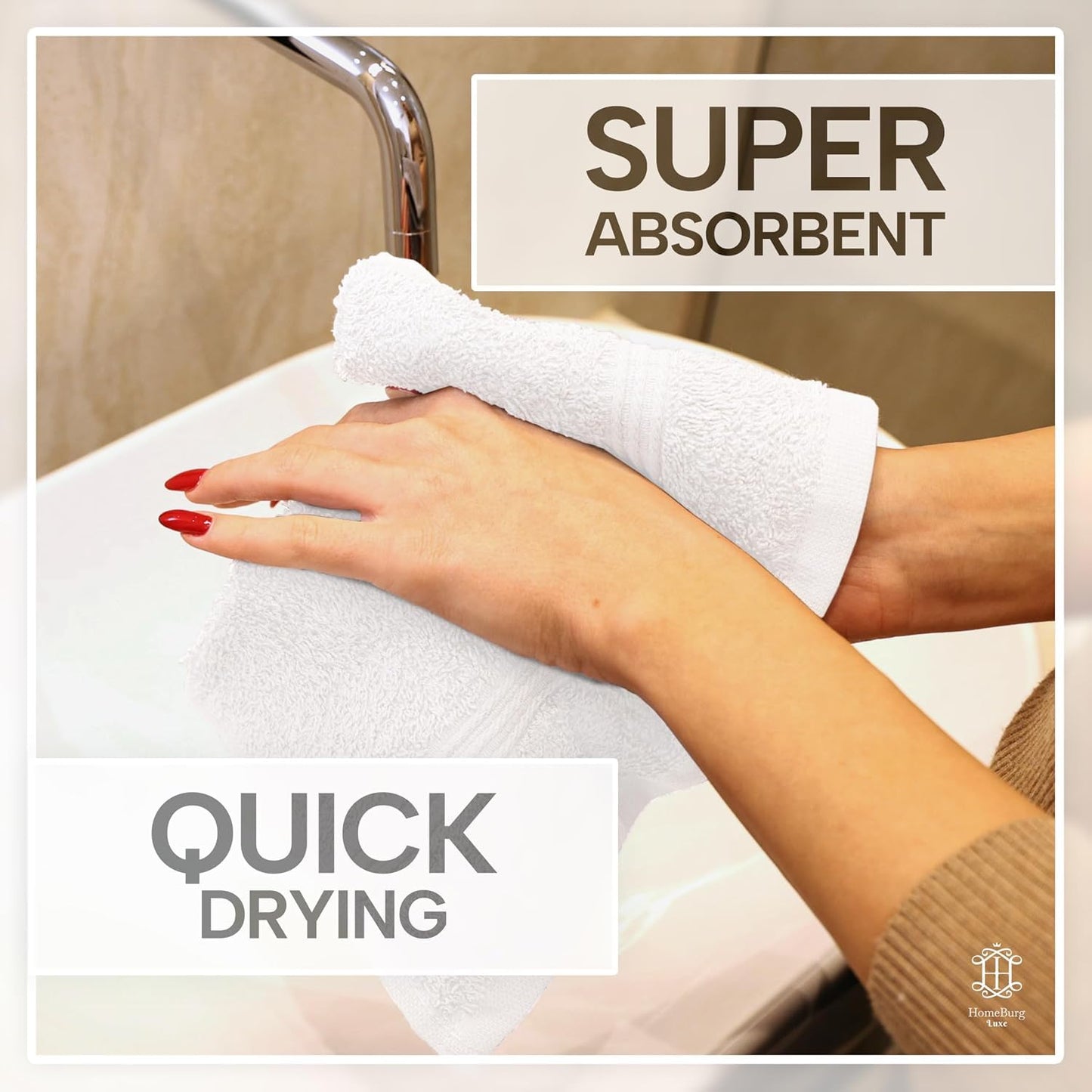 HomeBurg Luxe 12-Piece Washcloth Set - 100% Cotton, Soft & Absorbent, Easy Care, Premium Towels for Face & Daily Use, 30 x 30 cm, White