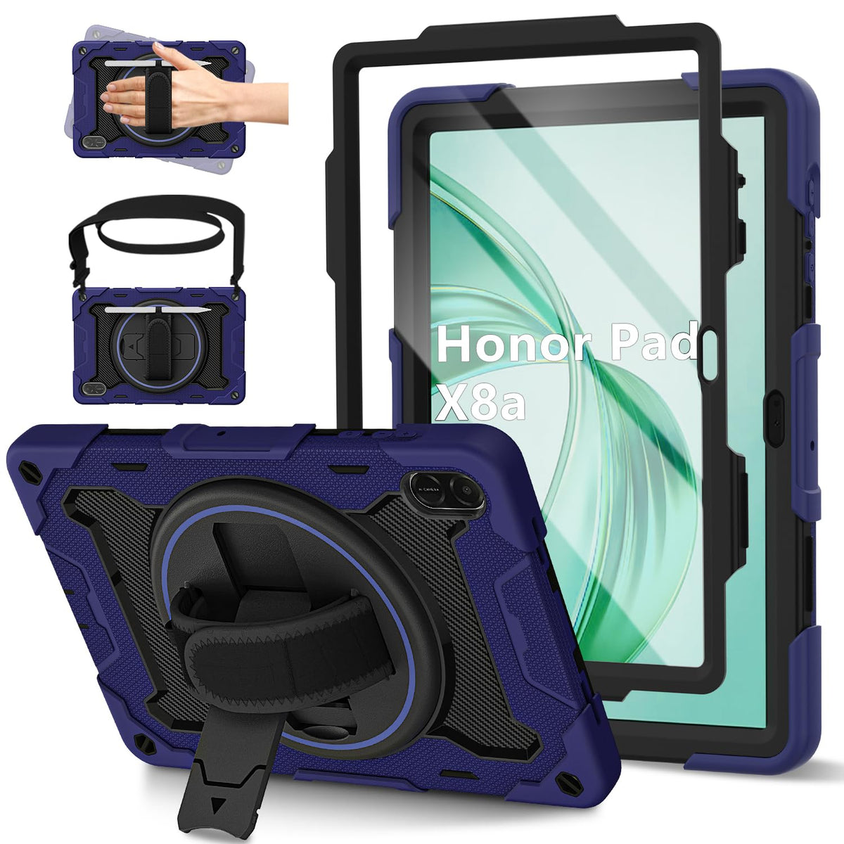 ROSROME for Honor Pad X8a Case 11 inch 2024 with HD Screen Protector, Shockproof Heavy Duty Kids Cover, 360?Rotating Stand/Shoulder Strap/Hand