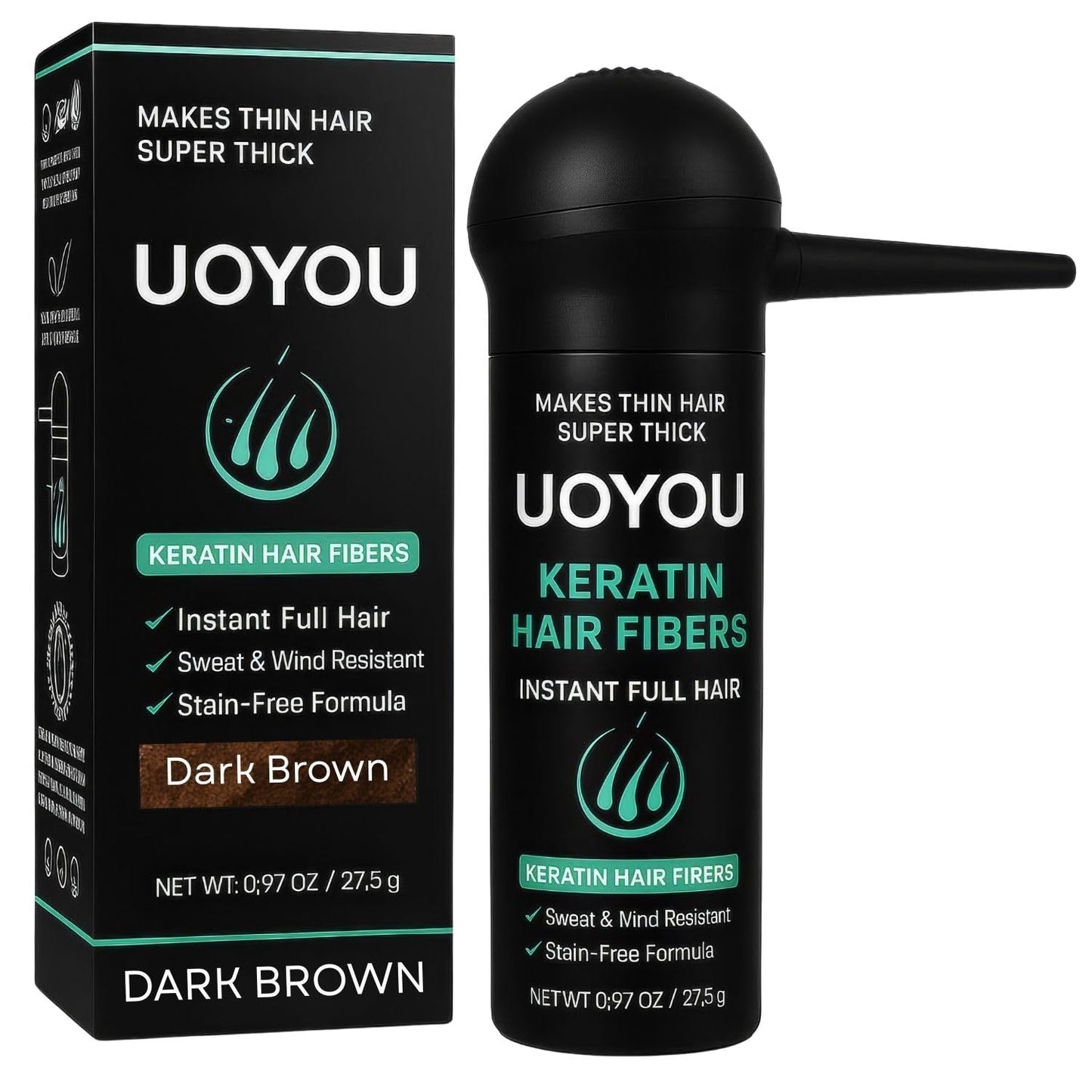 UOYOU Hair Fibres DARK BROWN 27.5g with Pump Applicator ? Natural Keratin Hair Building Fibers for Thinning Hair ? Undetectable, Sweat- &