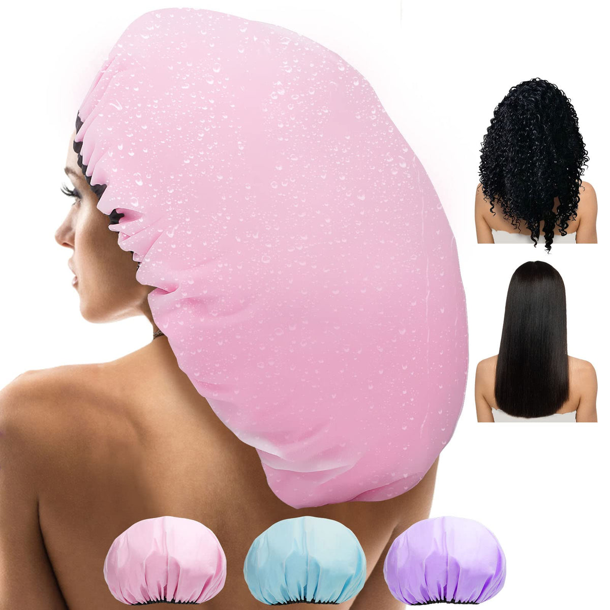 Sheomern 3 Pieces 16.5 Inch Super Jumbo Shower Cap Women, Extra Large XXL Double Waterproof Shower Caps, Adjustable, Reusable Cap, Satin Silk Hair