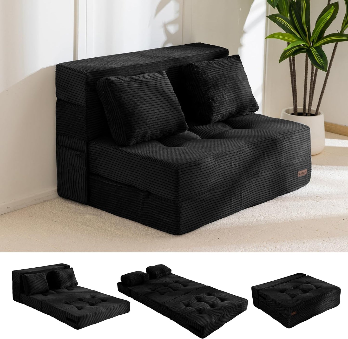 MAXYOYO Folding Foam Sofa Bed, Tri-Fold Mattress with Pillow, Convertible Sofa Chair Futon Z Bed with 15cm Thincken Foam, Portable 3 in 1 Floor Couch