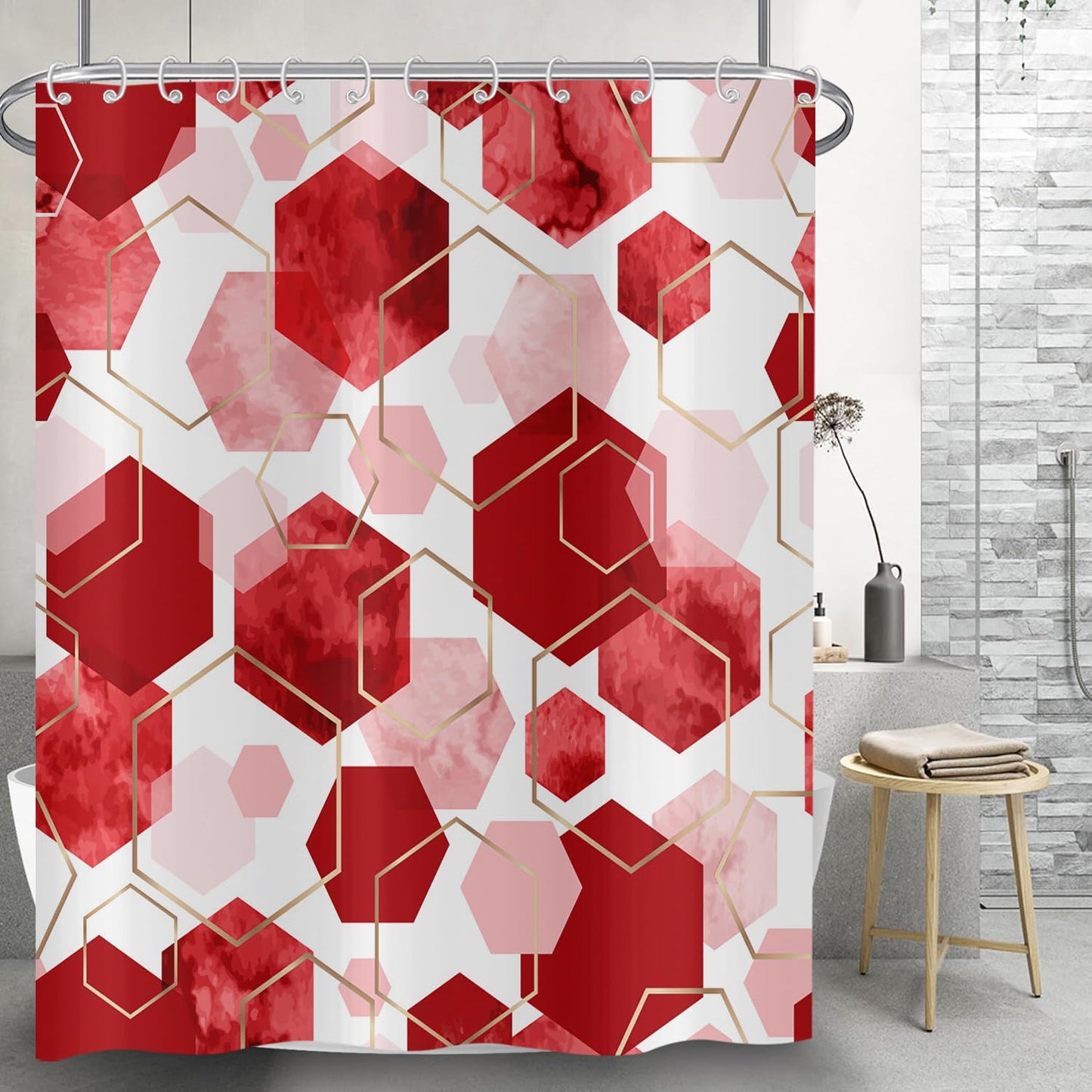Hnmdmyi Red Shower Curtain 180x200, Modern Geometric Hexagon Abstract Art Bathroom Curtains Waterproof Polyester Fabric Washable Bath Curtains with