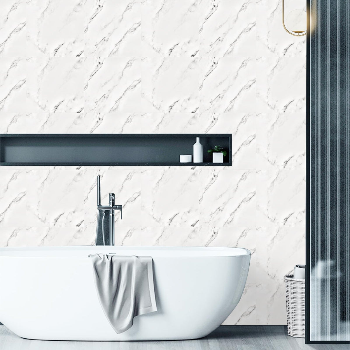 Fantasnight Marble Stick on Tiles 30 x 30cm 50Pcs White Tile Stickers Self Adhesive Wall Tiles PET Peel and Stick Wall Glossy Stickers for Kitchen