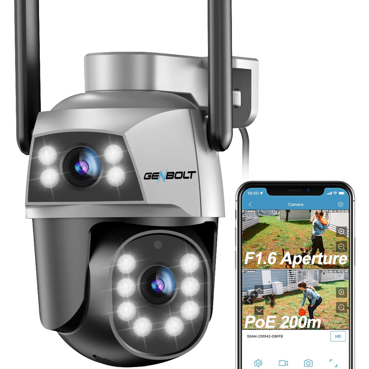 GENBOLT WiFi Security Camera Outdoor with PoE, Dual Lens Home Surveillance IP Camera CCTV with Color Night, Auto Tracking Human Detection Pan Tilt