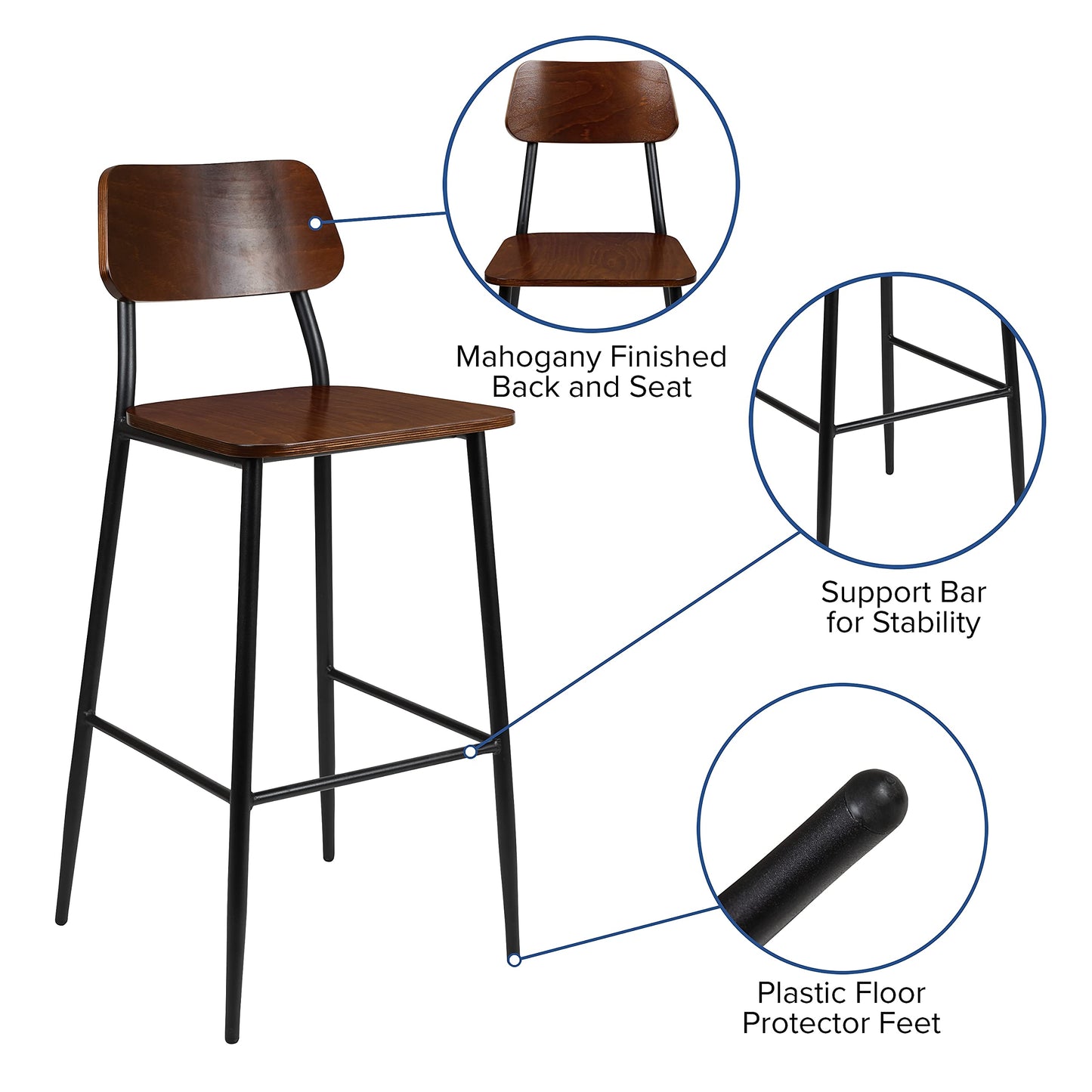 Flash Furniture Lincoln Industrial Barstool with Gunmetal Steel Frame and Rustic Wood Seat, Mahogany
