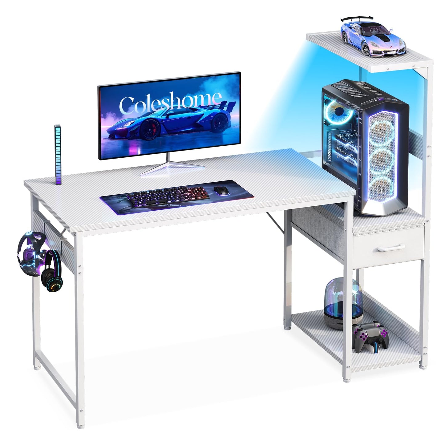 Coleshome 120×48 cm Gaming Desk with LED Lights, Carbon Fiber White