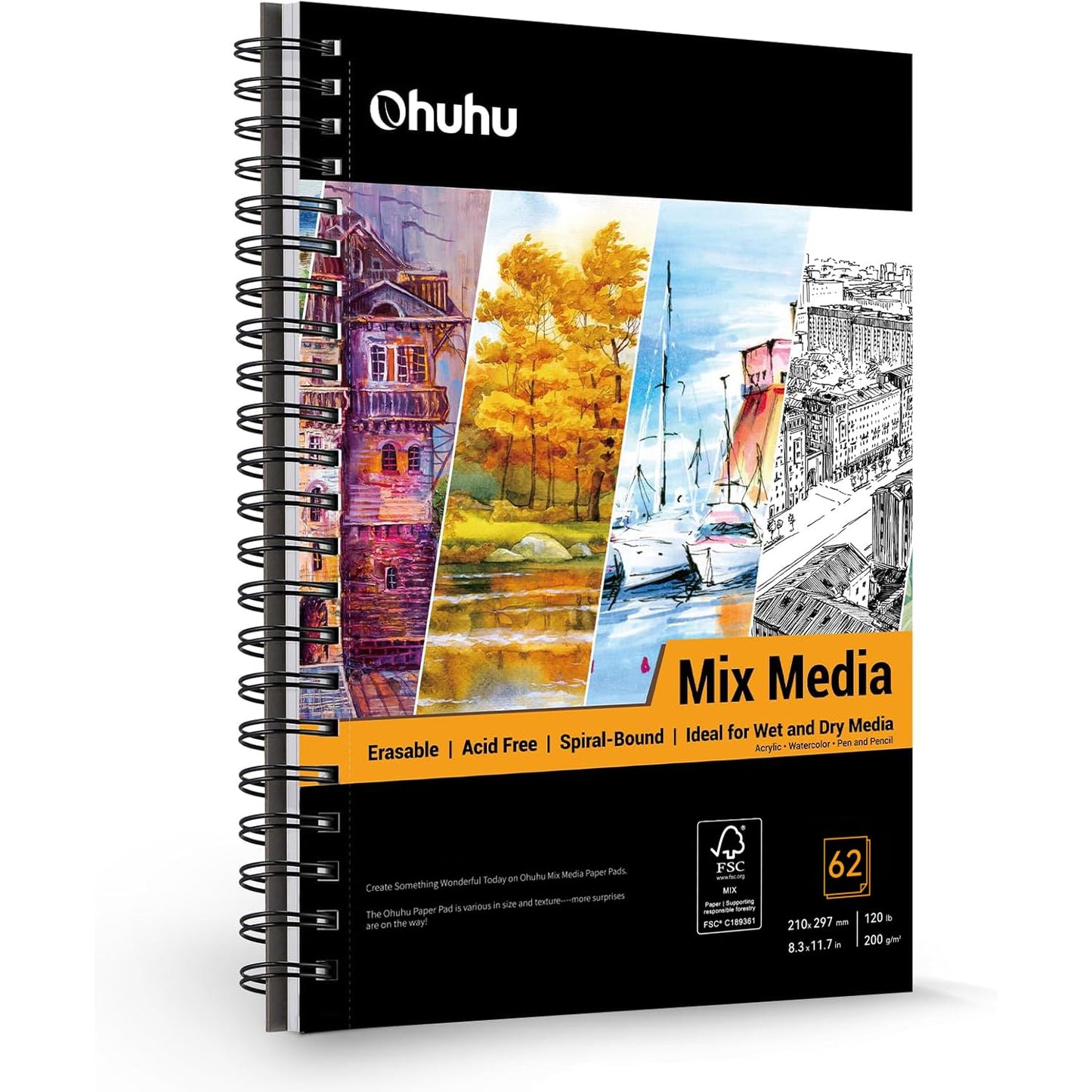 Ohuhu A4 Mixed Media Sketchbook - 200gsm 124 Pages (62 Sheets) Acid-Free Paper, Spiral Bound Artist Drawing Book for Wet & Dry Media - Ideal for