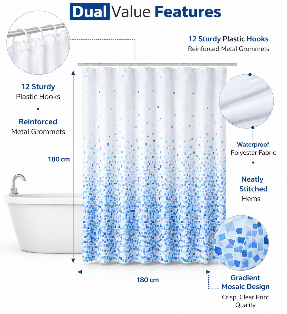 KAV Waterproof Shower Curtain, Mold & Mildew Resistant, Soft Polyester Fabric, Rustproof Eyelets, Ideal Room Decor for Home, Hotel, School