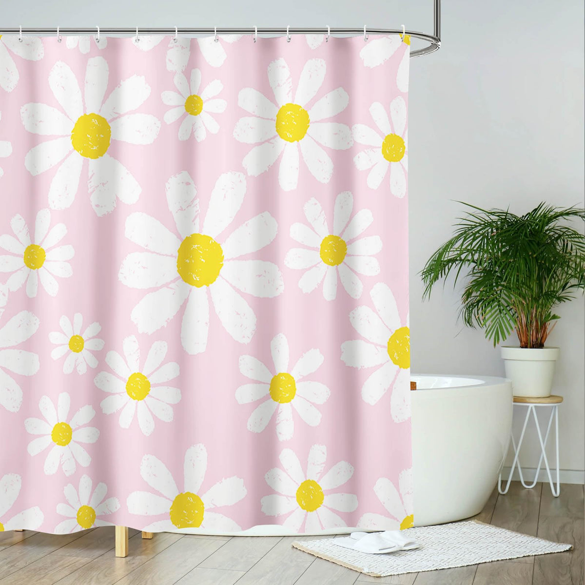 AIBIIN Pink Daisy Shower Curtain Cute White Flower Bath Curtain Bathroom Decor Durable Waterproof Polyester Material with 12 Hooks 180x180cm
