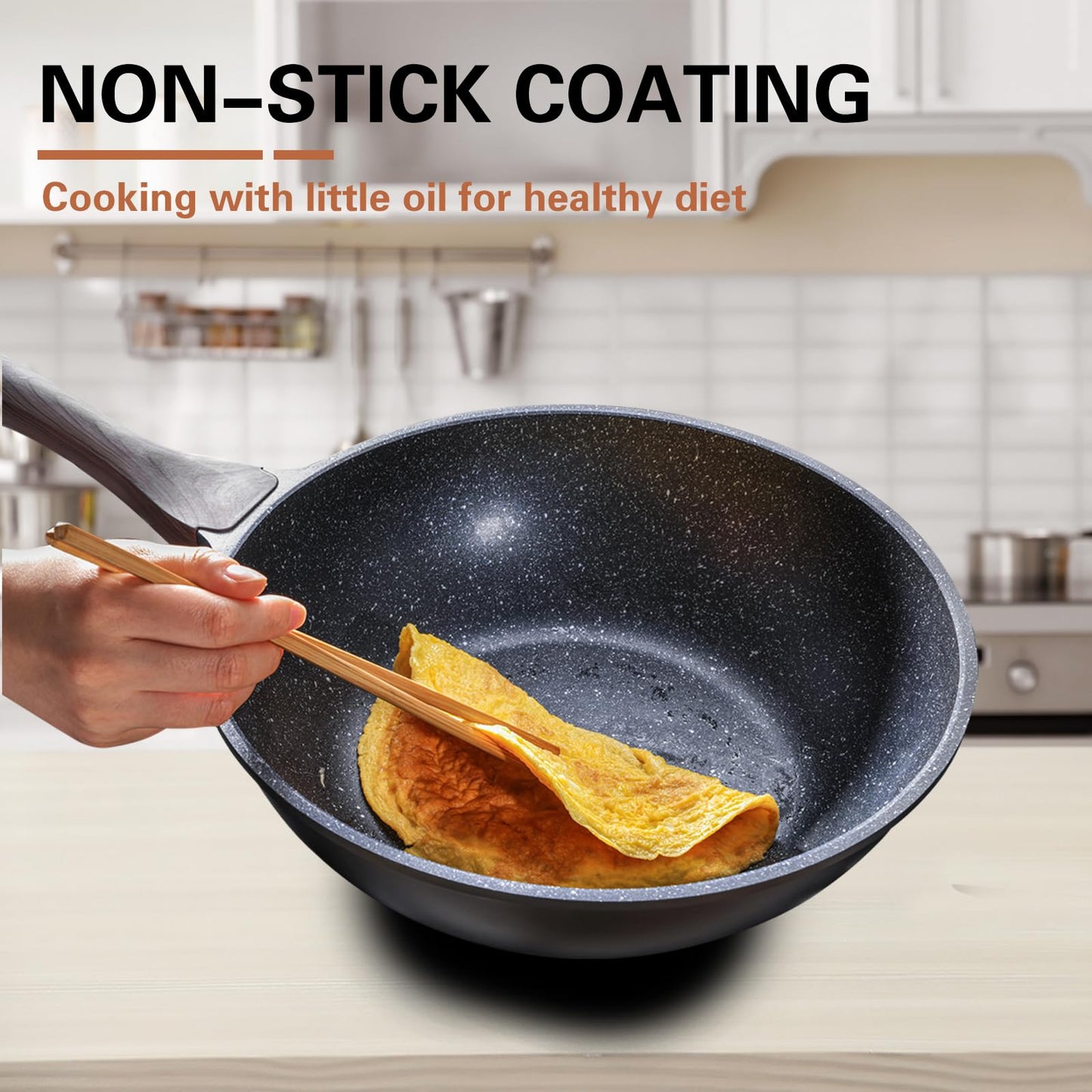 Kordisen Non Stick Induction Wok Pan, 30cm Deep Stir-Fry Pans with Lid, Stay Cool Handle, Compatible with All Stovetops, PFOA Free