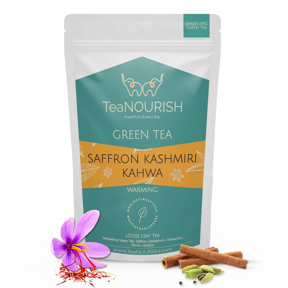 TeaNOURISH Saffron Kashmiri Kahwa | Darjeeling Loose Leaf Green Tea with Saffron, Cardamom, Cinnamon, Almond | Warming & Soothing Tea| Improves