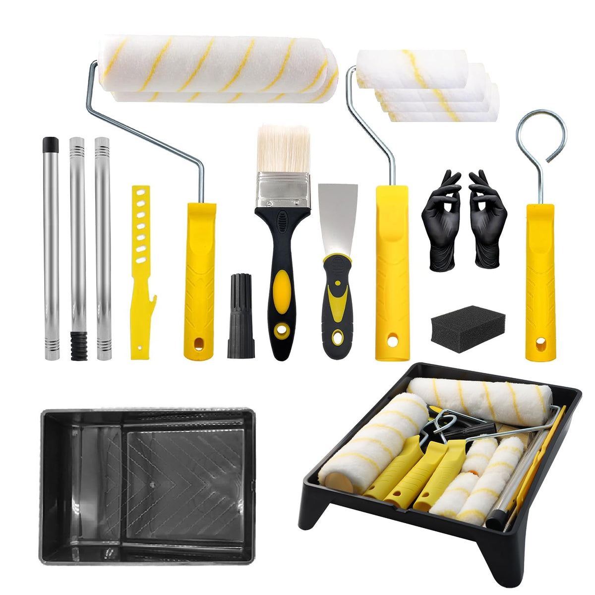 Paint Roller Set - 19Pcs 9? & 4? Roller Sets for Painting with Stainless Steel Extension Pole, Paint Rollers and Trays Sets, Microfiber Covers for