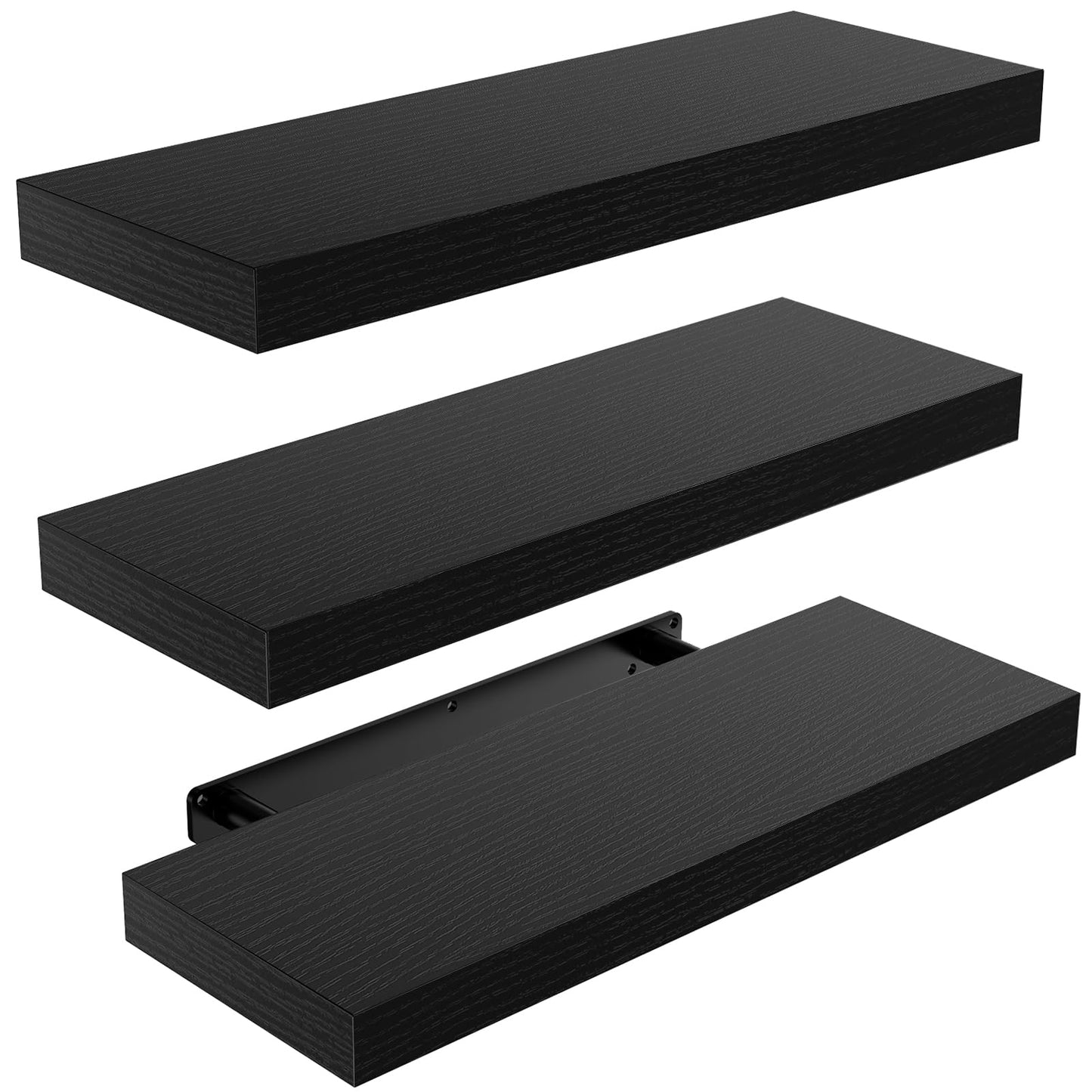 STOREMIC Floating Shelves, Black Shelves Set of 3, Easy to Install Decorative Shelves for Wall with Length 40cm, Sturdy Black Floating Shelves for