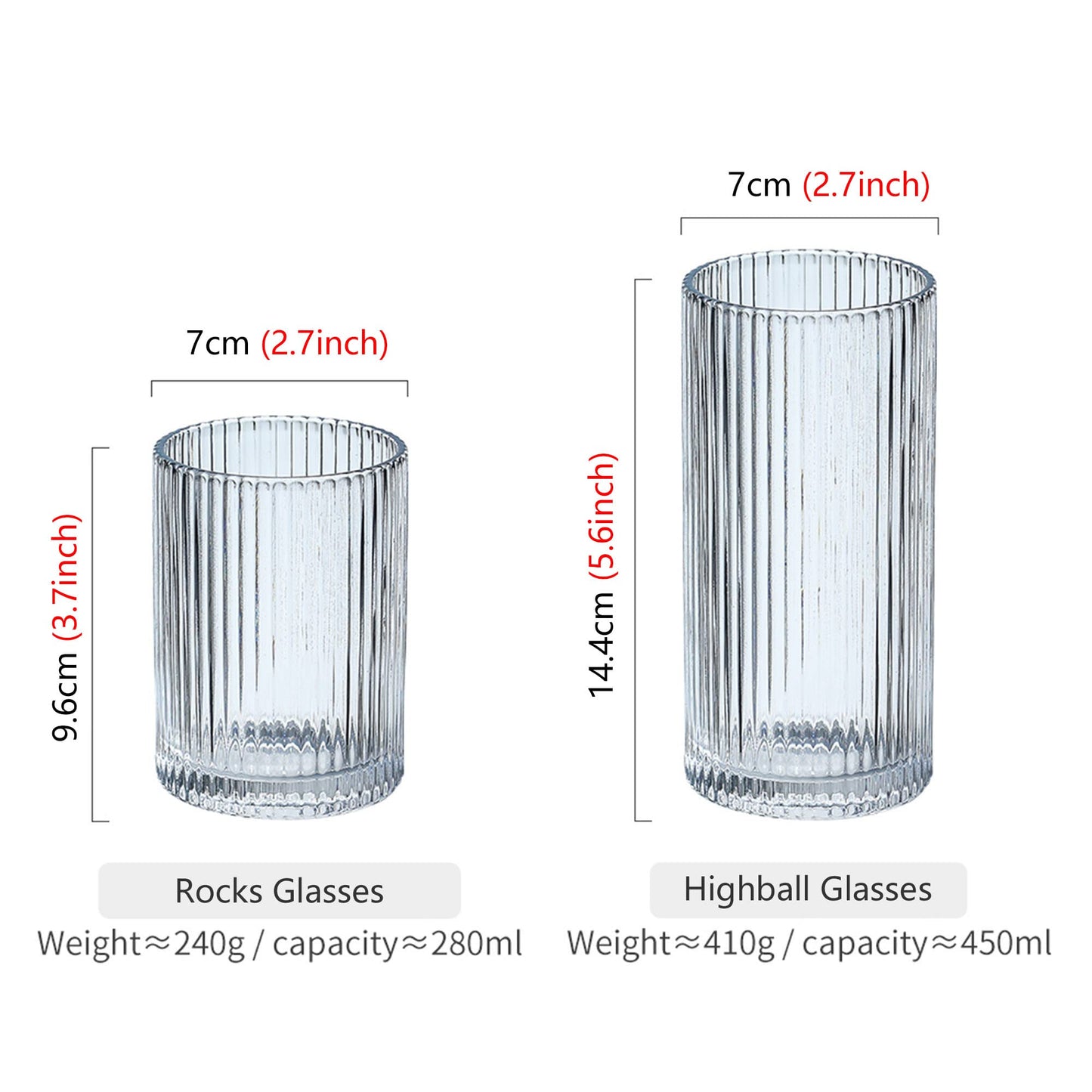 POLIDREAM Drinking Glasses with Origami Style Set of 4 Glass Cups, 12 oz Ribbed Glassware, Highball Glass Cups, Elegant Art Deco Ripple Vintage
