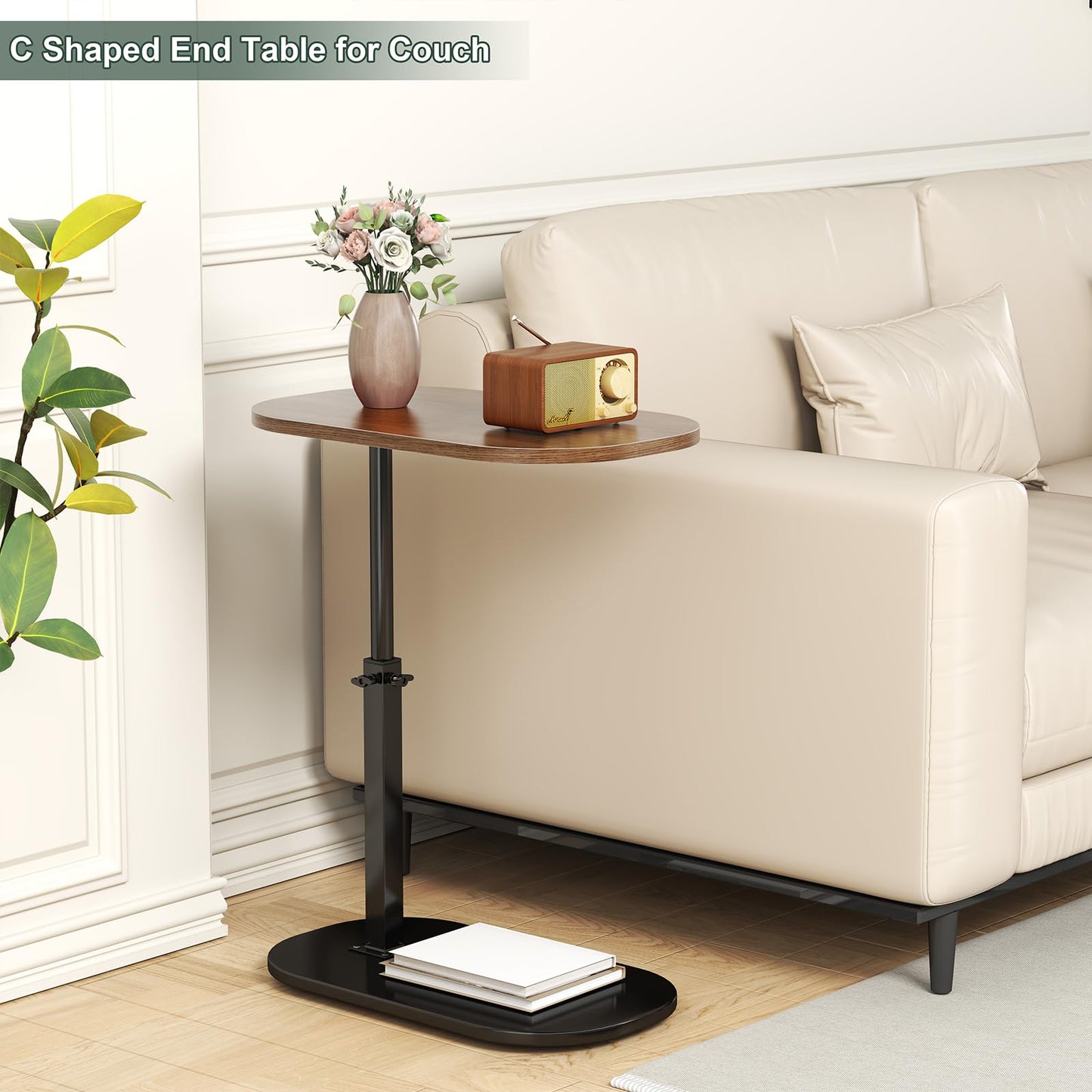 C Shaped Side Table Adjustable Height, 360°Swivel Sofa Side Table That Slide Under, Small Coffee End Table for Couch and Bedside