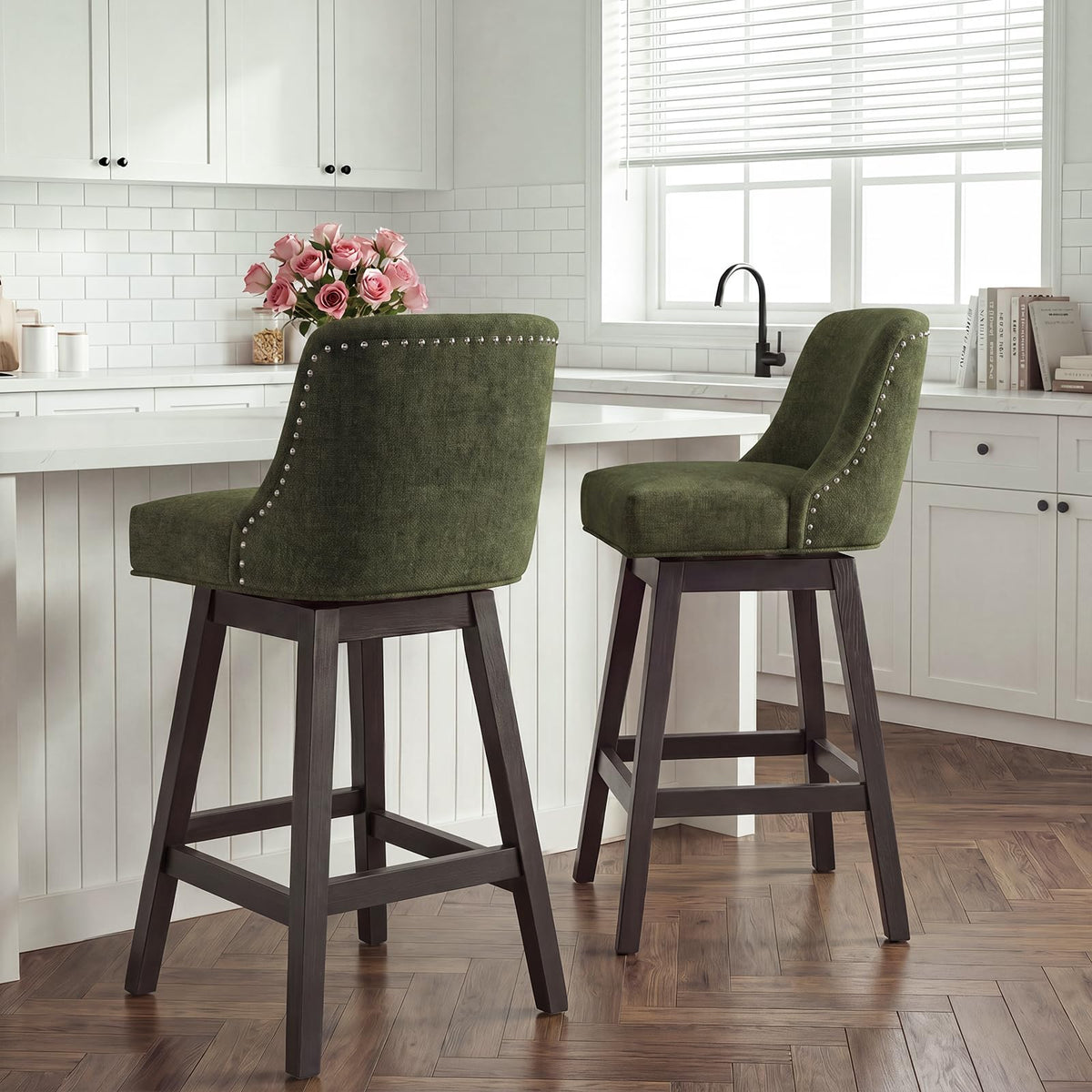 Bar Stools Set of 2, 360° Swivel Upholstered Counter Stools with Back, Wooden Frame Kitchen Bar Chairs with Nailhead Trim