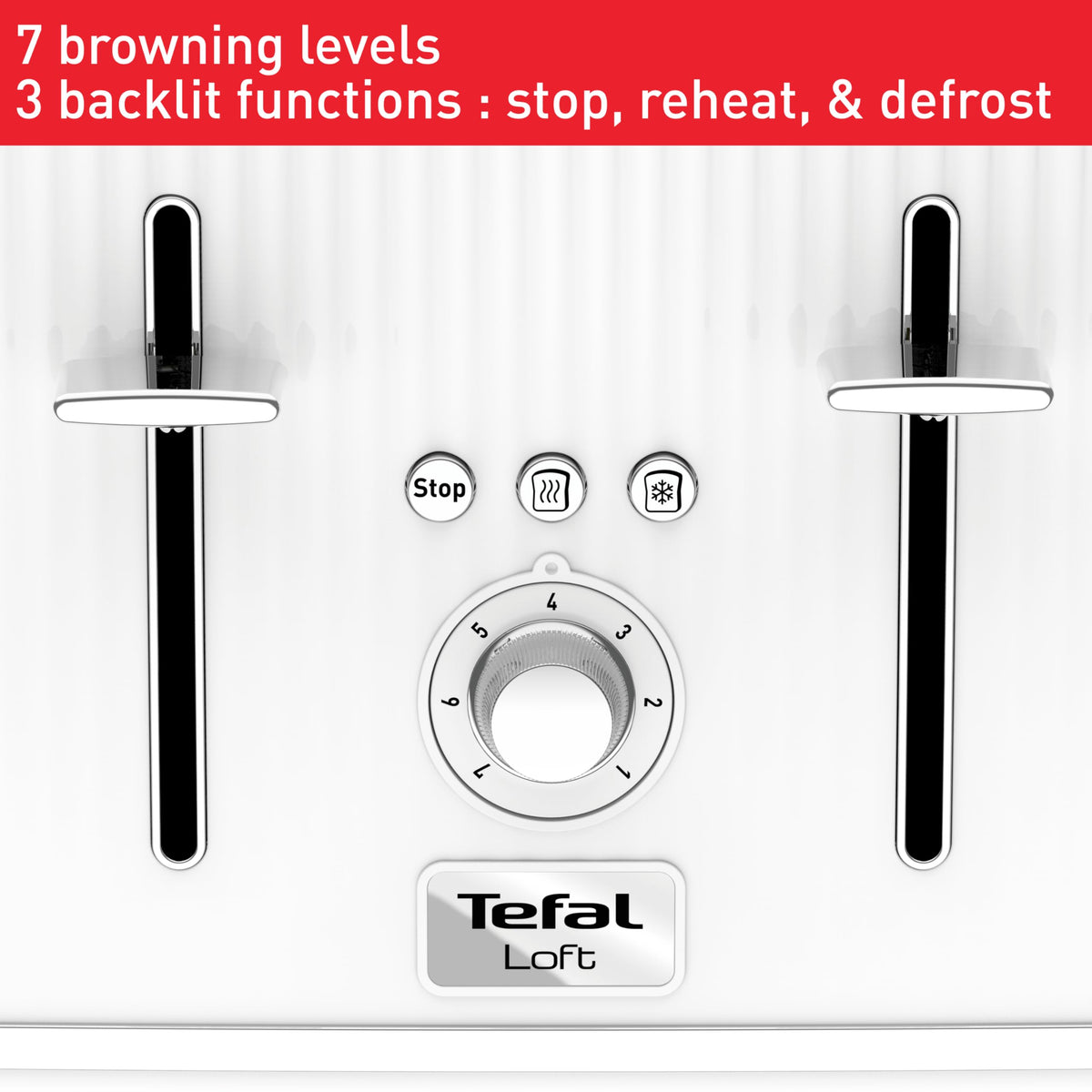 Tefal Loft 4-Slot Toaster with Extra-Wide Slots, Adjustable Browning, Defrost & Reheat Functions, Removable Crumb Tray, High Lift Lever, Classic
