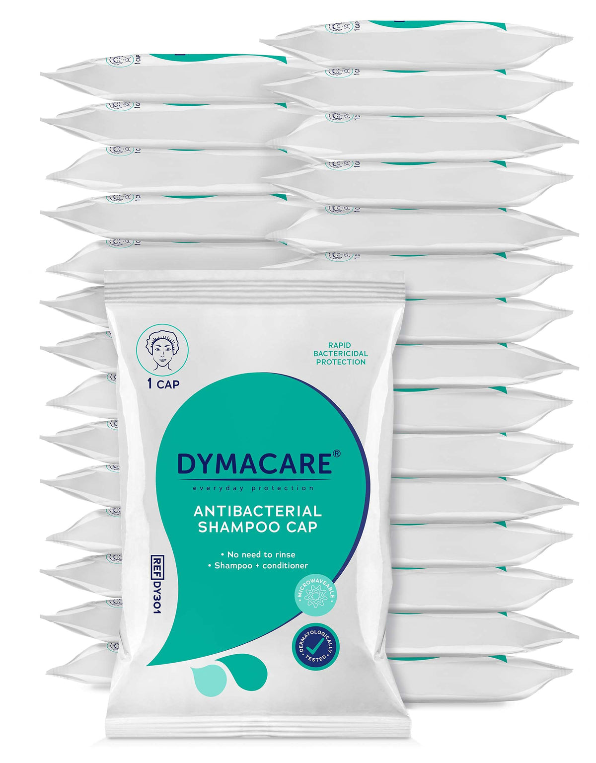 DYMACARE Antibacterial No Rinse Shampoo Cap | Rinse Free Shower Cap That Shampoos & Conditions | PH Balanced Waterless Hair Wash | 30 Caps