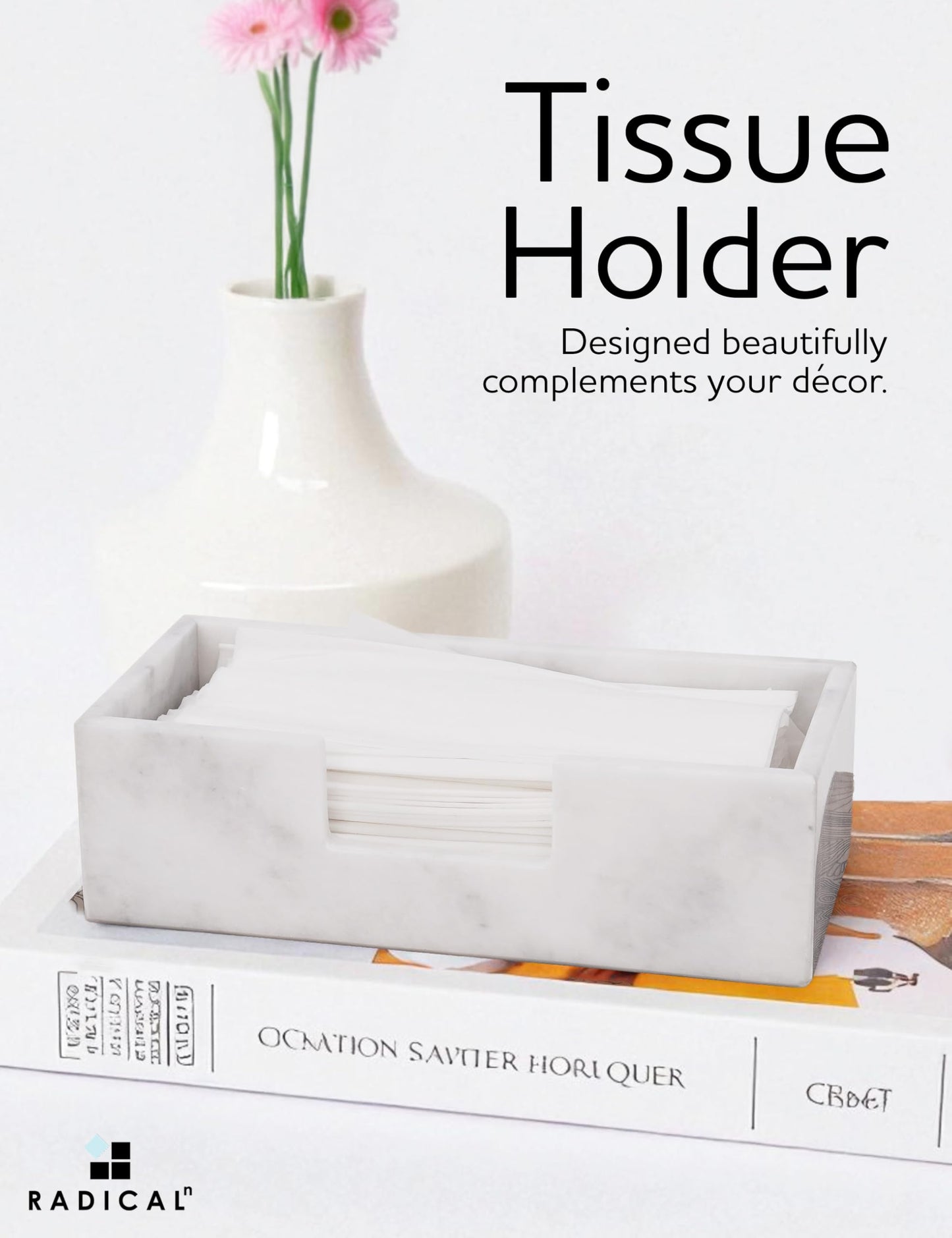 Radicaln Marble Tissue Holder Box 10" Inches White Handmade Luxury Paper Tissue for Bathroom, Coffee Table, Vanity & Office Desk Accessories