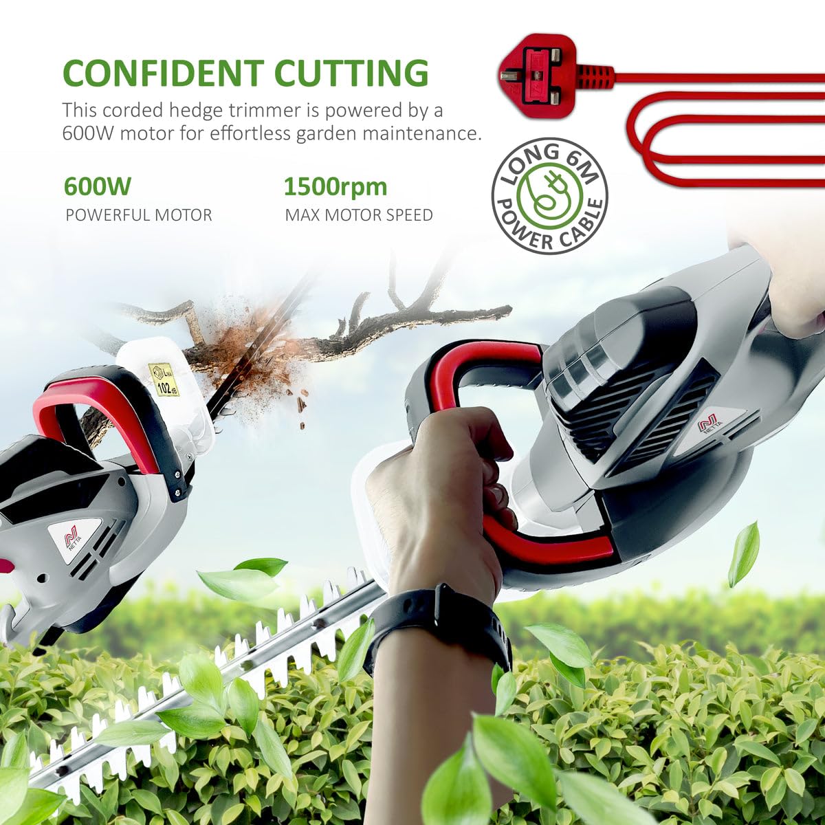 NETTA Hedge Trimmer and Cutter - 600W - 55cm Diamond Cutting Blade - 16mm Tooth Opening - 6M Power Cable - Ultra-Light 2.5Kg - Two-Way Safety Switch -