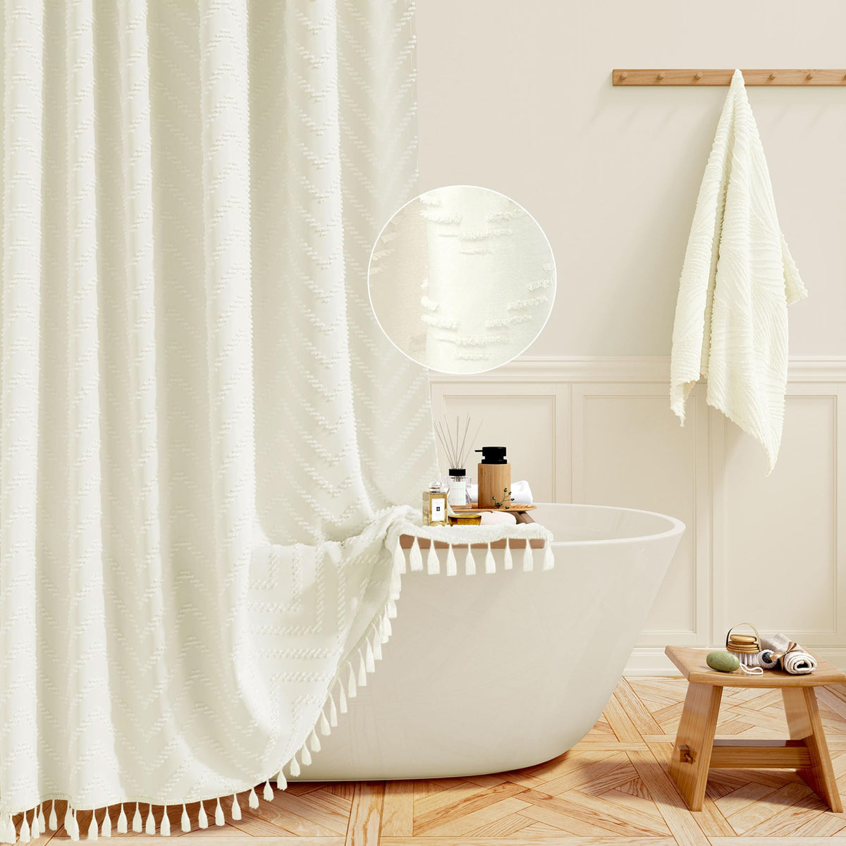 BTTN 92 x 182cm Boho Farmhouse Shower Curtain, Narrow Tufted Chevron Striped Tassel Shower Curtains with 6 Plastic Hooks, Weighted Hem and Waterproof,