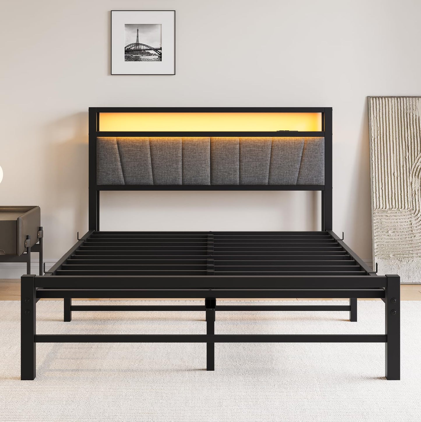 BORPHOM King Size Bed Frame with Storage and LED Lights,5ft Metal Platform Bed Frame King Size Bed Base with Charging Station,Mattress Base,Strong