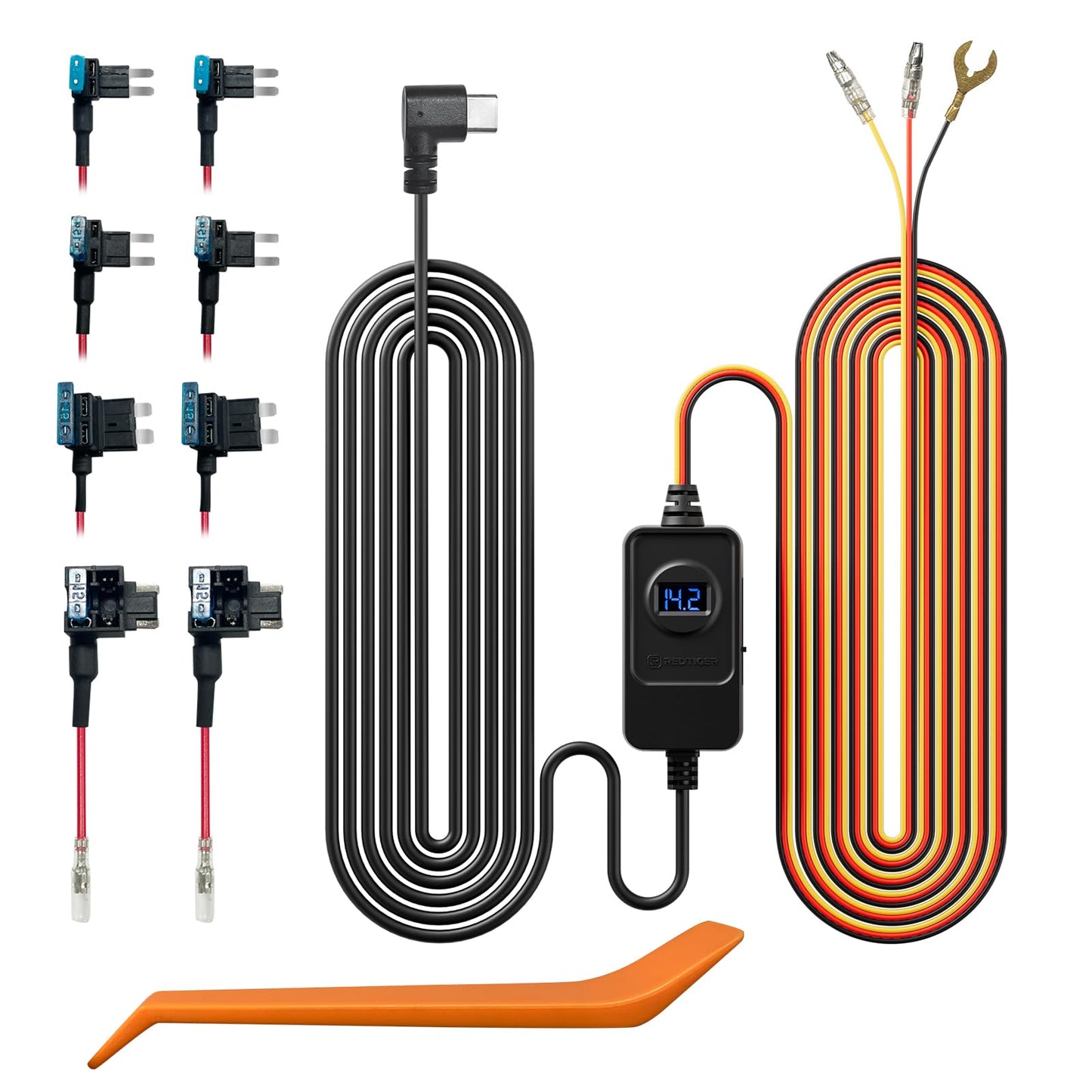 REDTIGER Dash Cam Hardwire Kit USB C Port, Dashboard Camera Car Charger Cable Kit 12V- 24V to 5V w/Fuse Kit, Low Voltage Protection for Dash Cam