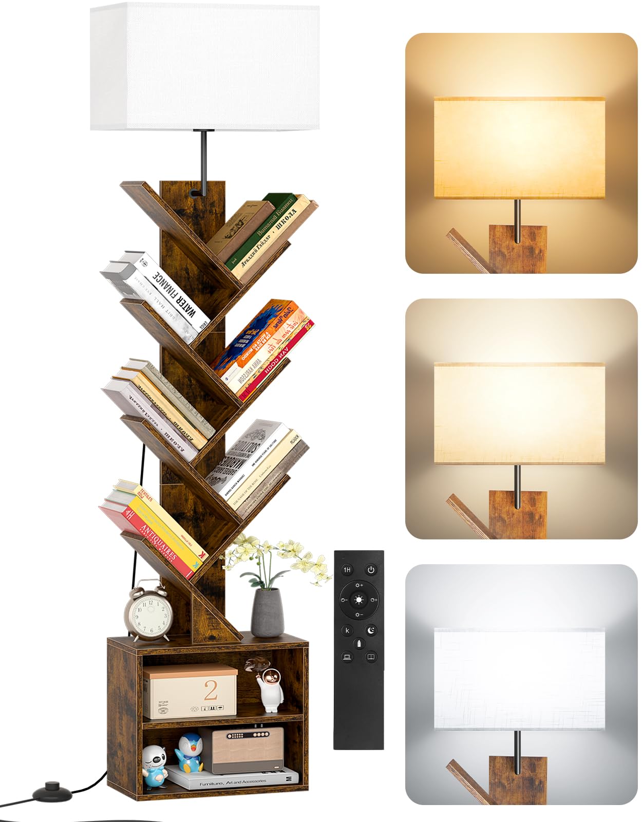 OUTONLIFE 9 Tier Tree Bookshelf with Light and Cabinet, Remote & Timer