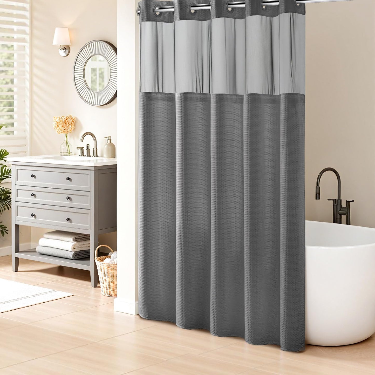 River Dream No Hooks Required Waffle Weave Shower Curtain with Snap in Liner - 71W x 74H,Hotel Grade,Spa Like Bath Curtain,Gray