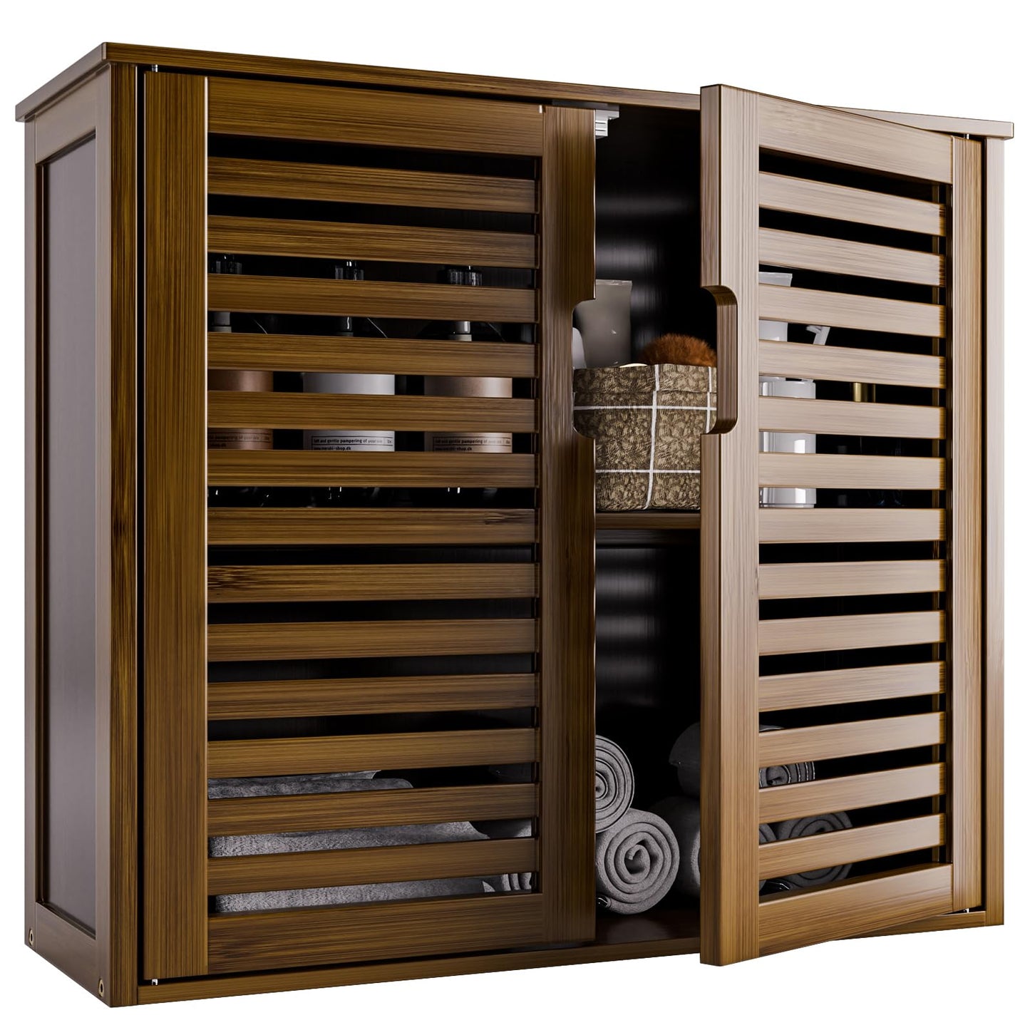 HITNET Medicine Cabinet Walnut, Bathroom Cabinet Wall Mounted, Bamboo Over Toilet Storage Cupboard Space Saver Organizer with 2 Doors and Adjustable