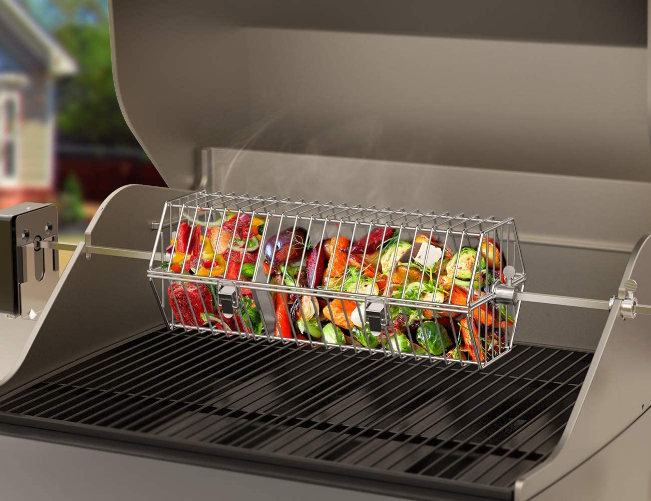 onlyfire BRK-6041 Stainless Steel Round Tumble Rotisserie Spit Rod Basket Fits for Any Gas Grill, 39x17x15.5cm