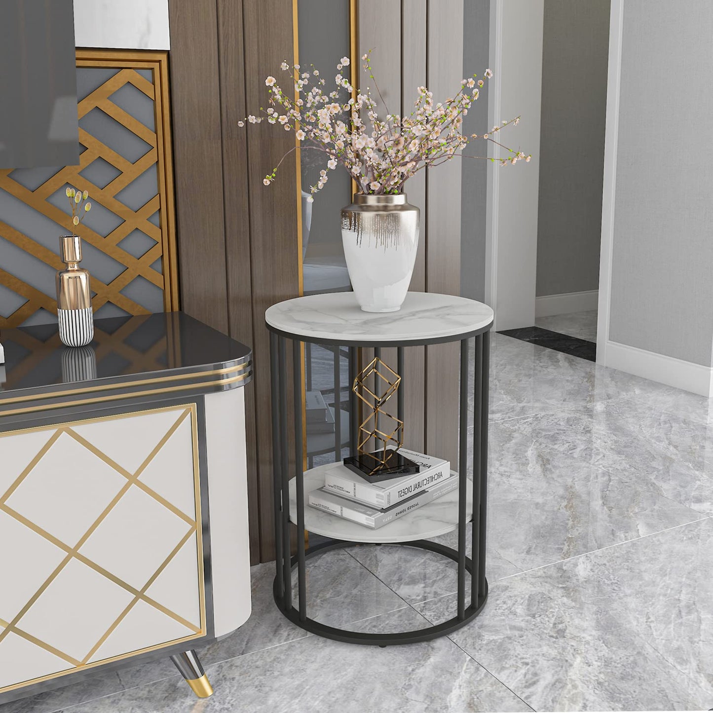 FATIVO Round Side Table Sintered Stone White Marble Top 40x54cm Black Leg
