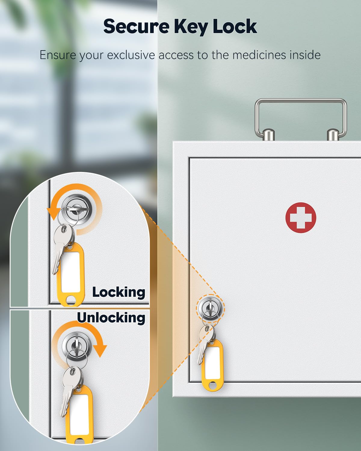 Uniclife Wall Mount Medicine Cabinet with Key Lock & Handle Locking First Aid Lockable Medical Storage Box Medium Medicine Organizer Secure Steel
