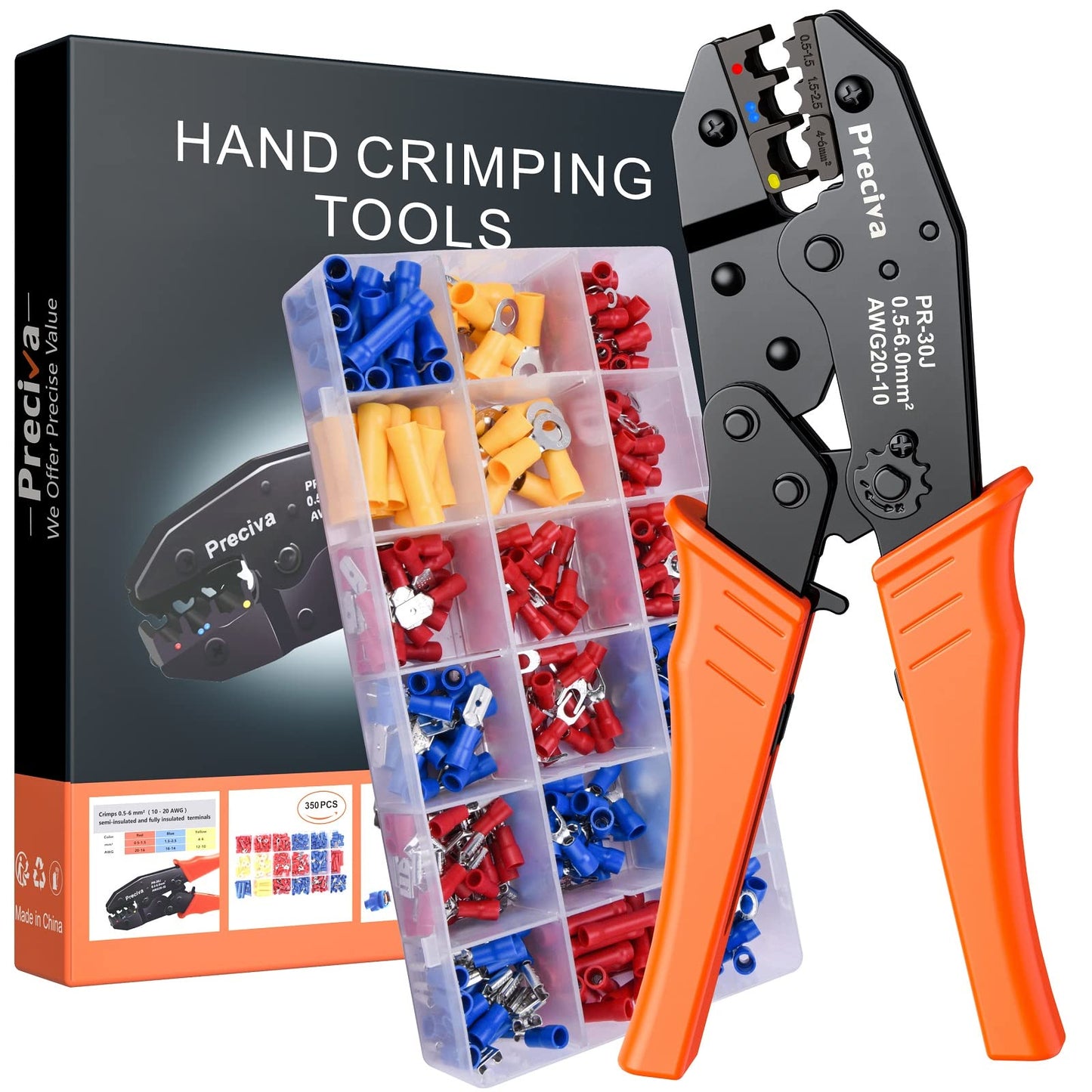 Insulated Wire Terminal Crimping Tool Kit, Preciva 0.5-6mm? Ratchet Crimper Plier, Cable Lug Pliers Electrician Crimp Toolkit with 350 Insulated Butt