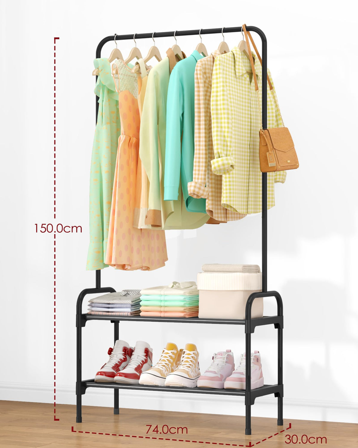 Sakugi Freestanding Clothing Rack 2-Tier Shoe Shelf, 74x30x150cm, Black