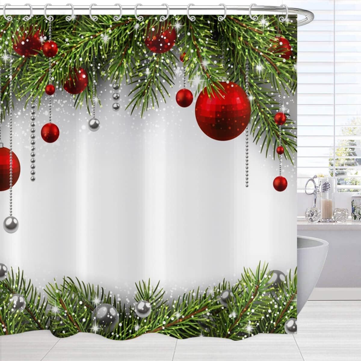 GCIREC Christmas Shower Curtain, Pine Leaves Ball Classic Design Christmas Party Backdrop Bathroom Curtain Home Xmas Decor Waterproof Fabric Machine