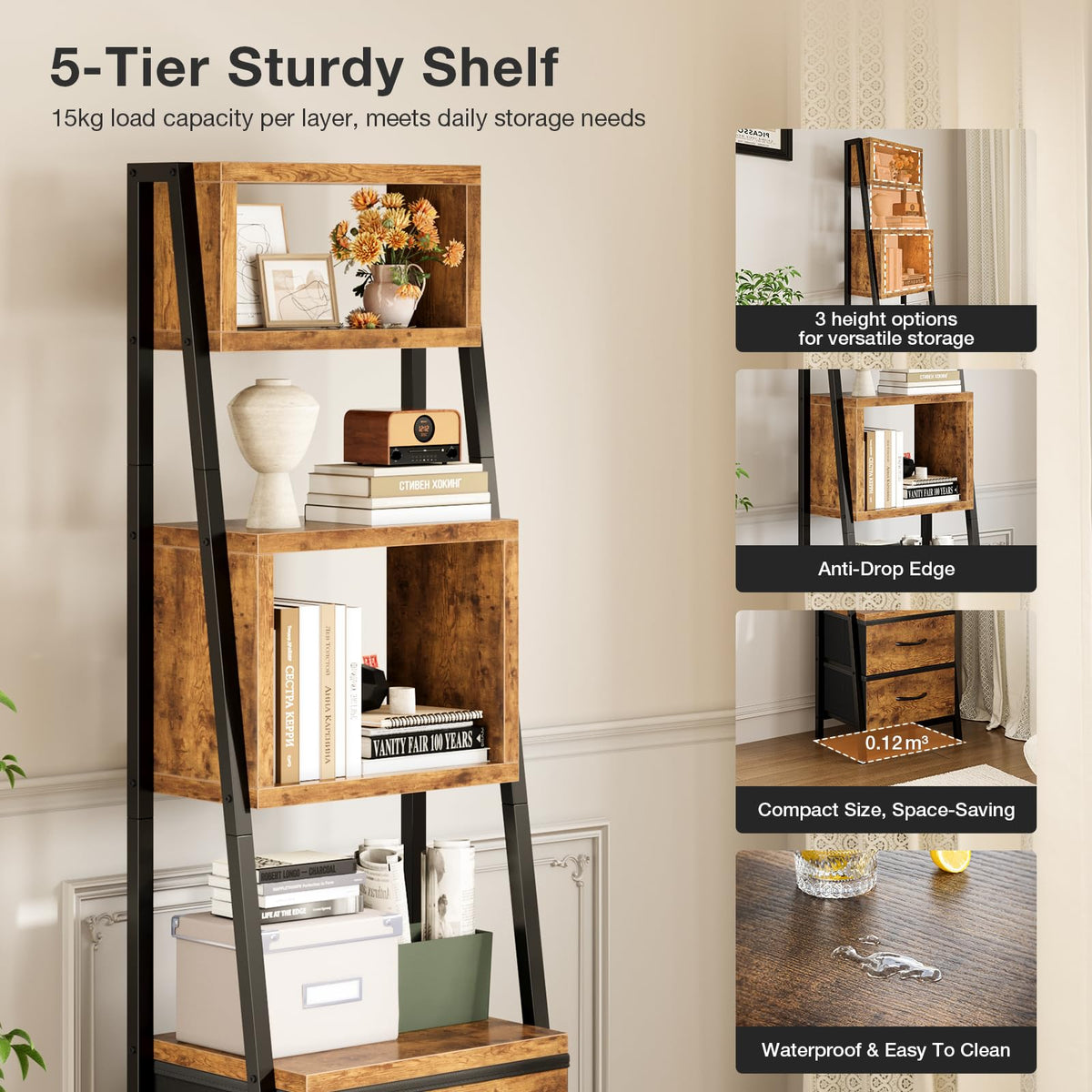 Coleshome 5-Tier Narrow Bookcase With 2 Fabric Drawers, Vintage