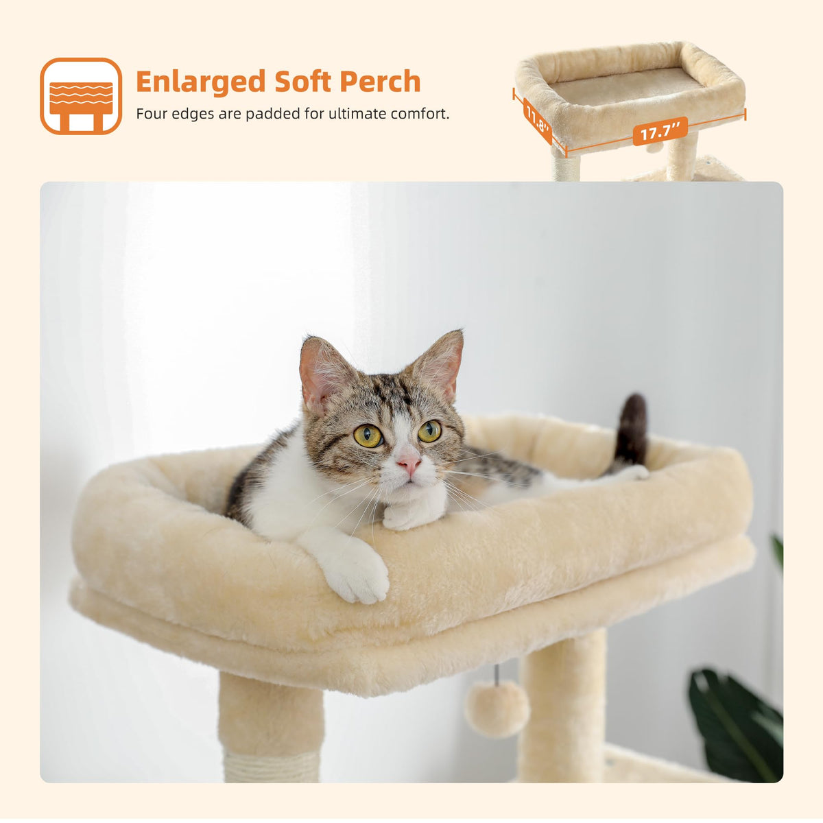 PAWZ Road Cat Tree 143cm, Big Cat Tower 56.3 Inches with Hammock and Lovely House, Activity Center Stable and Sturdy Size L Beige