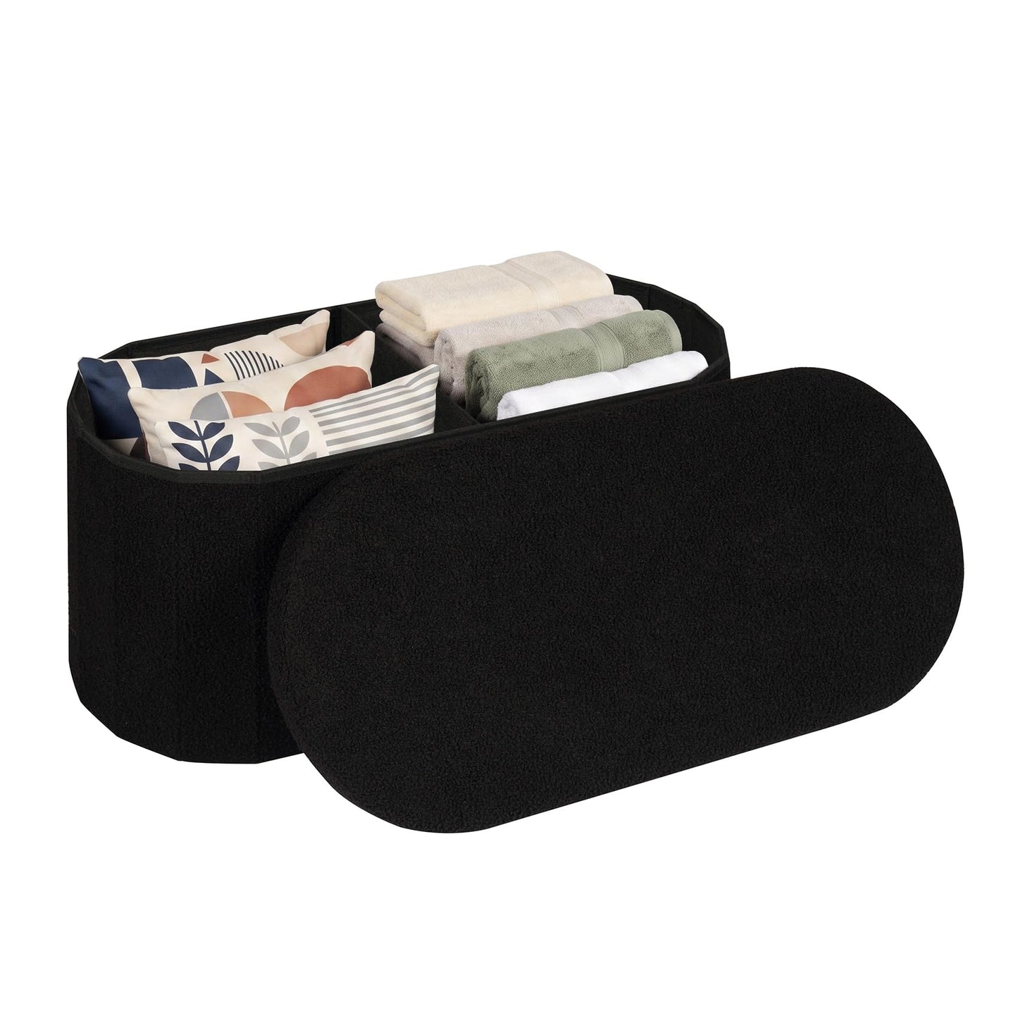 PINPLUS Oval Storage Bench Folding Ottoman Boucle Black, 76x38x38 cm
