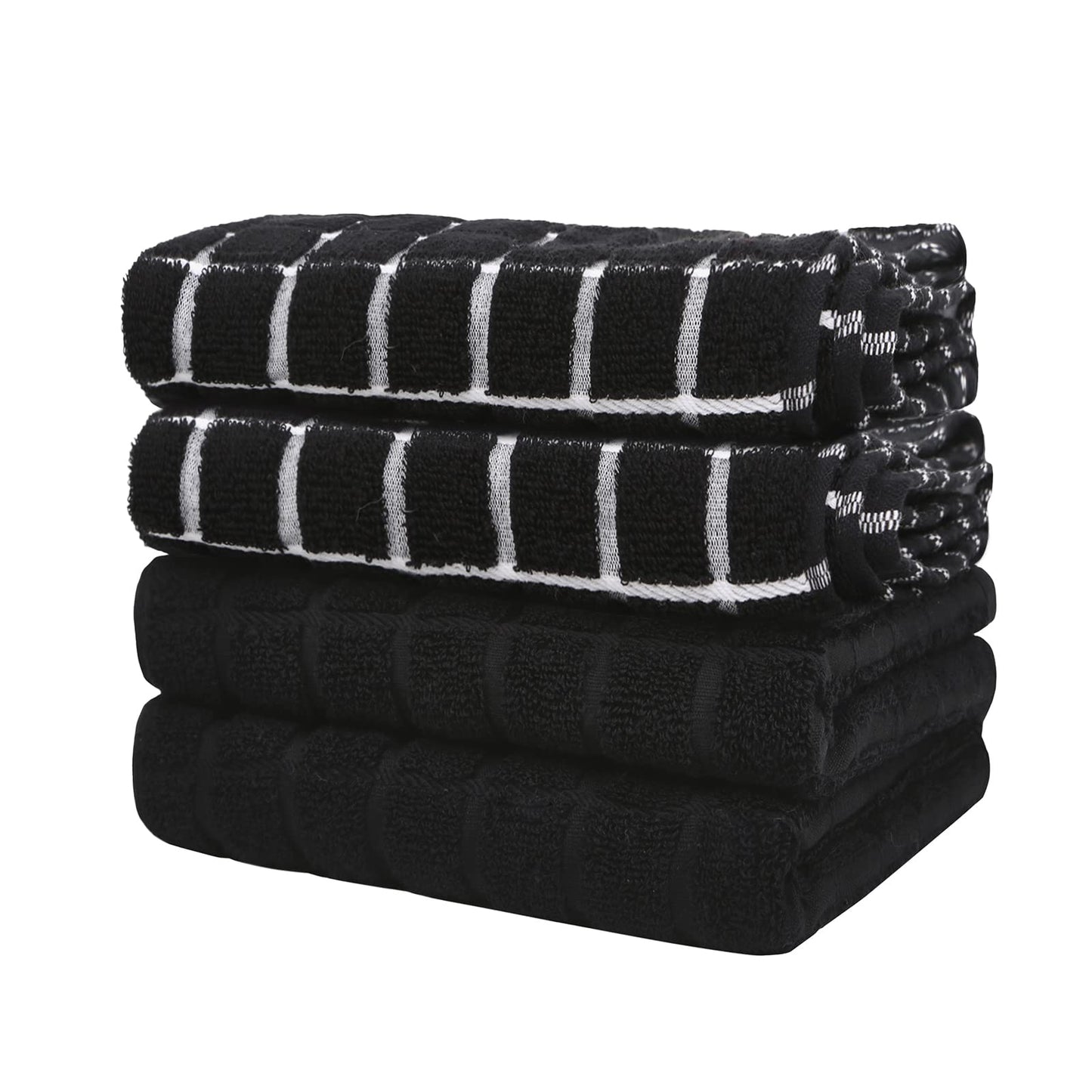 samsto Kitchen Towels Cotton Black - Tea Towels Absorbent - Thick Dish Hand Towels for Kitchen with Hanging Loops, 45x65cm, 4 Pack