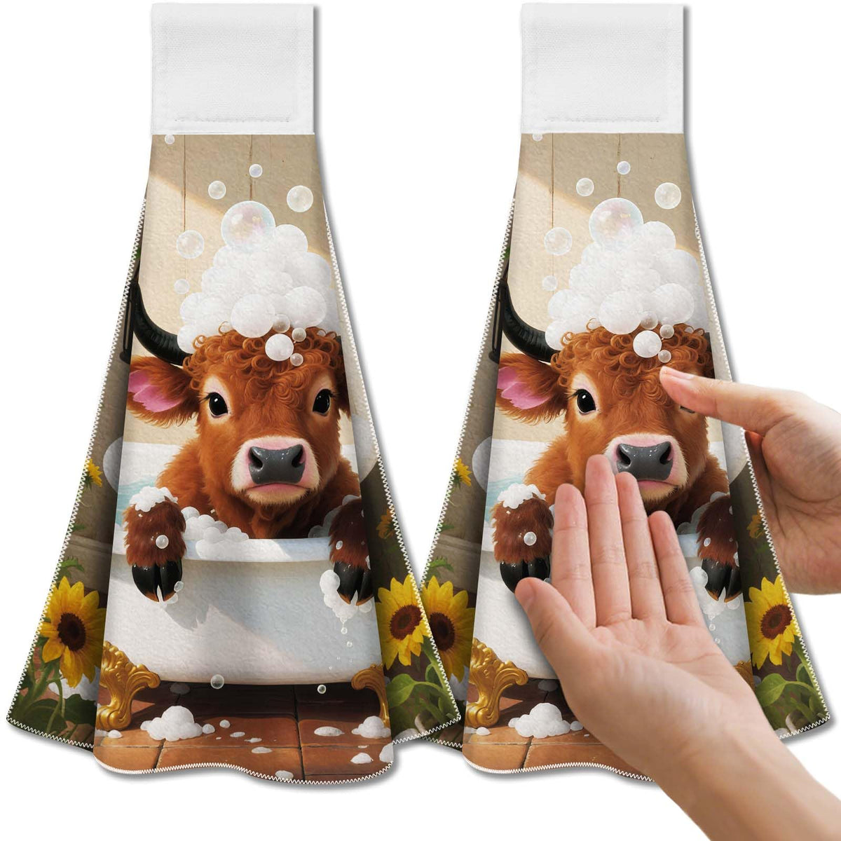 CUTHOLLOW Highland Cow Tea Towels for Kitchen with Loop, Set of 2 - Soft & Super Absorbent Microfiber Decorative Hanging Dish & Hand Towel, Tea,