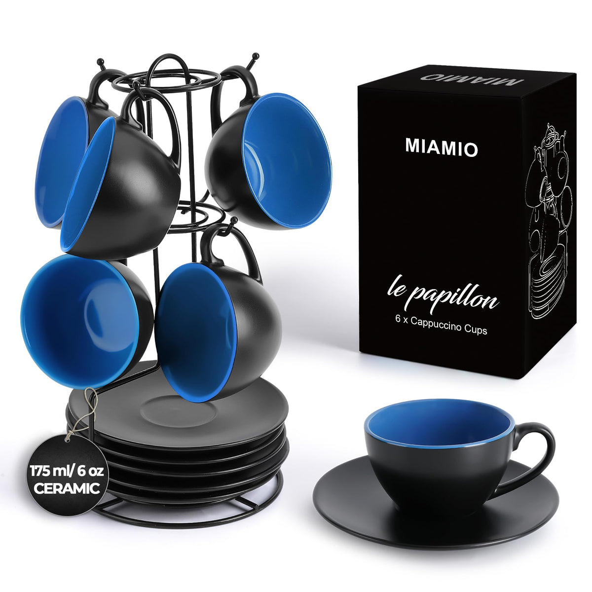 MIAMIO - Set of 6, Ceramic Stackable Cappuccino Cups Set / 175 ml Cappuccino Mugs and Saucer with Metal Stand for Coffee Drinks, Cappuccino, Latte,