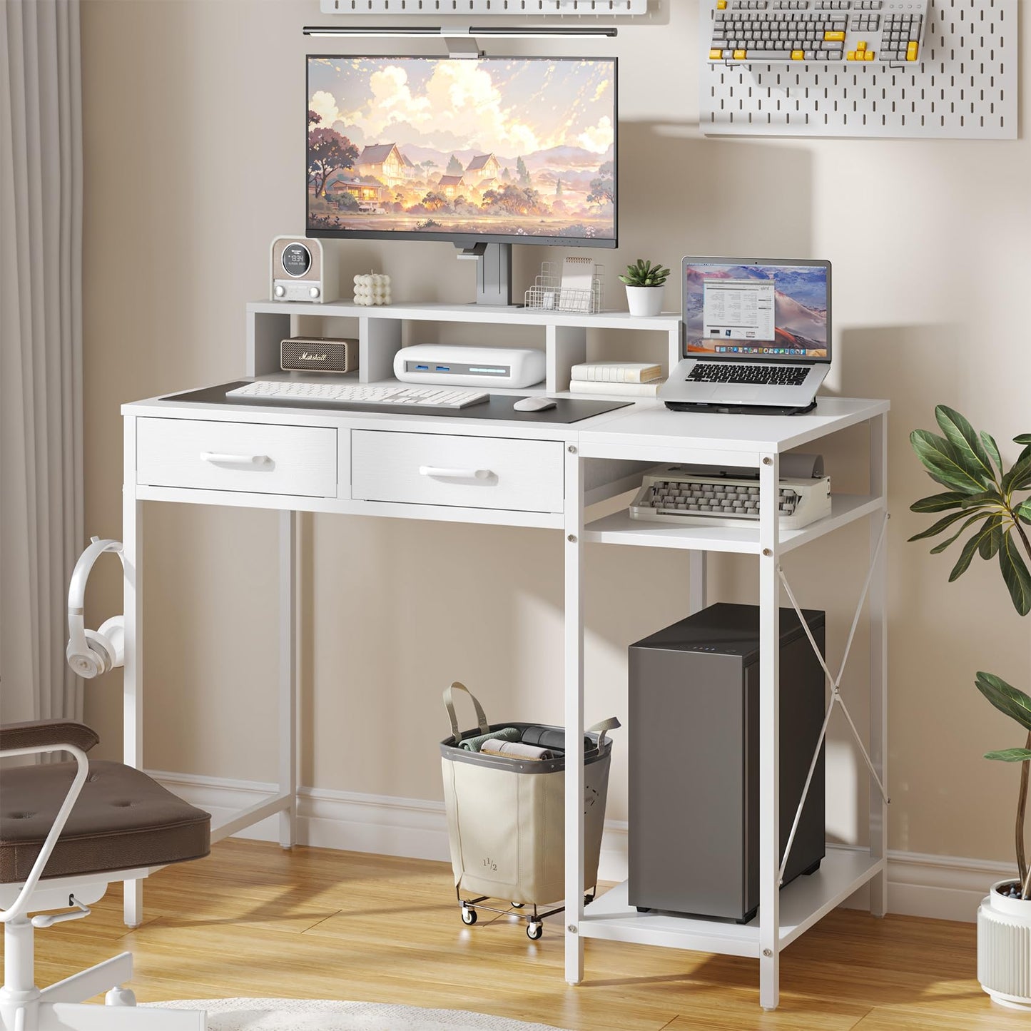 Feonase Ergonomic Computer Desk with Monitor Riser, 2 Under-Desk Drawers, CPU Stand & Hook – MDF Desktop for Home Office, Gaming & Study White