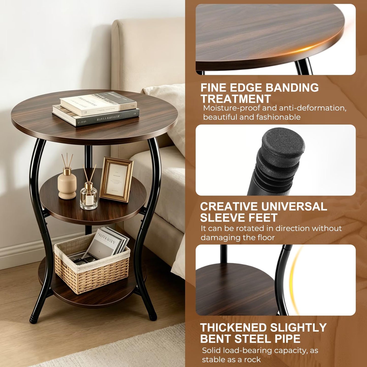 3 Tier Round Side Table 40cm Slim Round Coffee Table Vintage, Round Small End Table with Wooden Storage Shelves