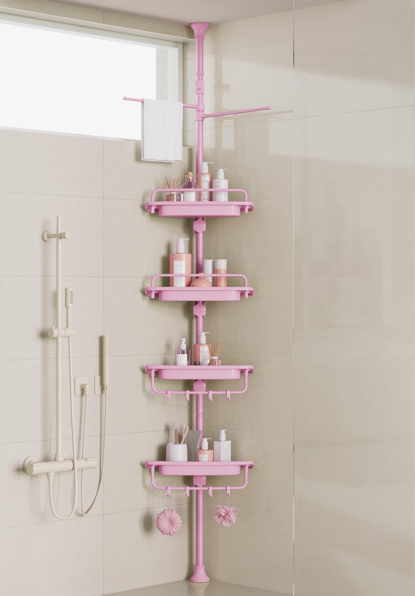 XLHOMO 32-122inch Corner Shower Caddy Tension Pole Pink, Rustproof Drill-Free Shower Shelves for Bathroom Bathtub Washbasin, Adjustable Shower