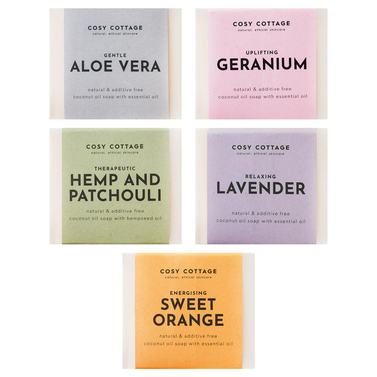 Cosy Cottage Natural Soap Bar Gift Set |5 x 110g | Handmade Vegan Soap Bars | Sweet Orange, Lavender, Geranium & Orange, Hemp & Patchouli, Aloe Vera |